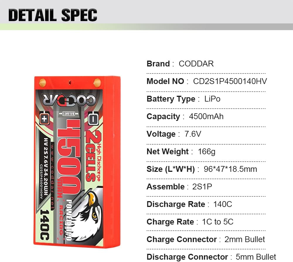 Batería LiPo de 4500mAh 2S 7.6V 140C HV con conector de bala de 0.197 in para escala 110 RC Cars RC Racing Drone FPV Quads Quadcoper