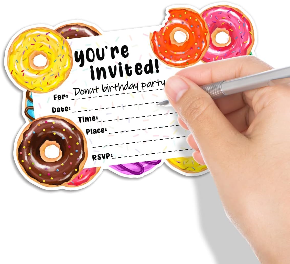 30 invitaciones de fiesta de donas con sobres, suministros de decoración de fiesta de cumpleaños de donas