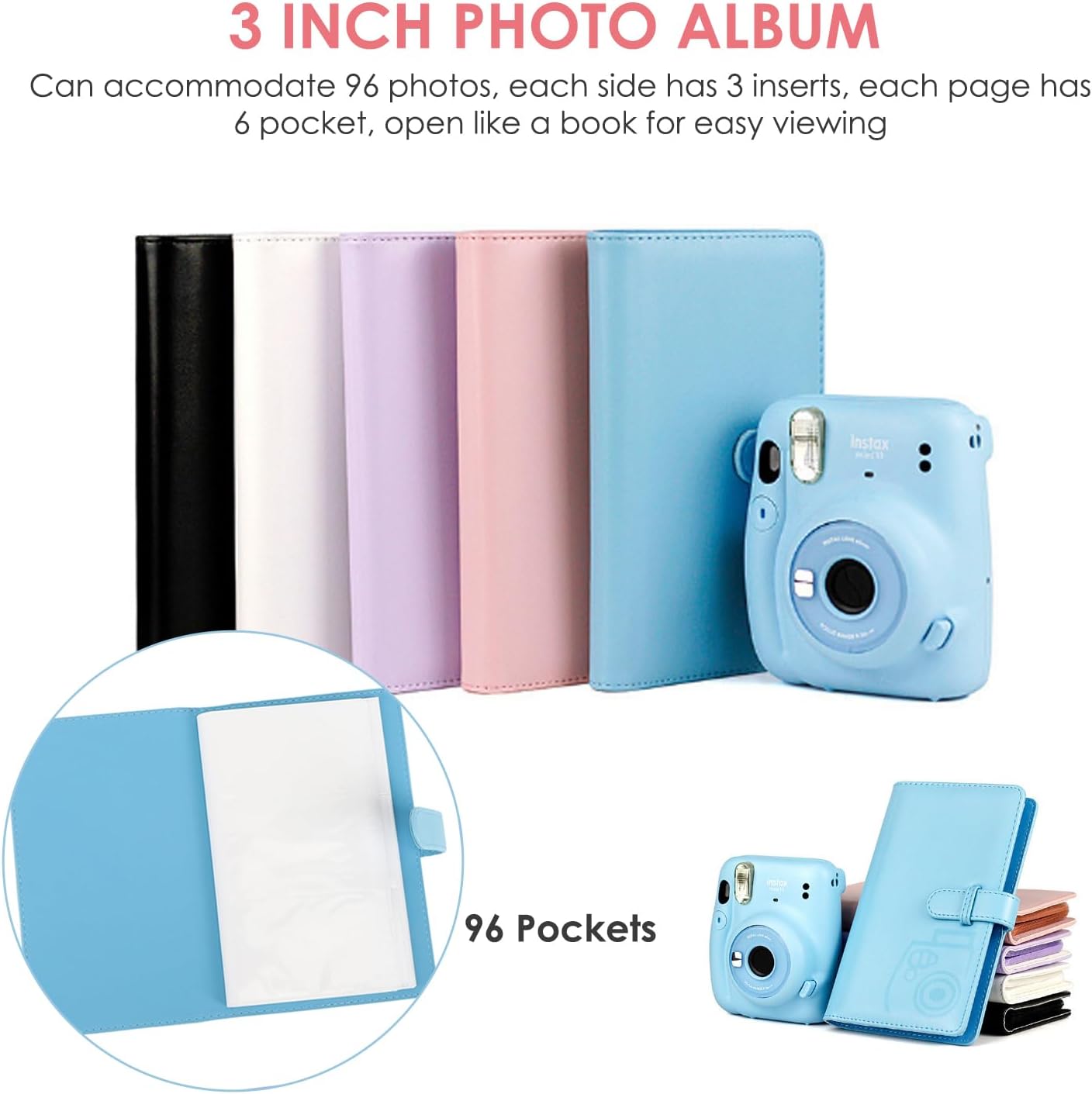 Mini álbum de fotos de 96 bolsillos de 3 pulgadas para Fujifilm Instax Mini 1211987s257090 película de cámara instantánea, álbum de cartera,