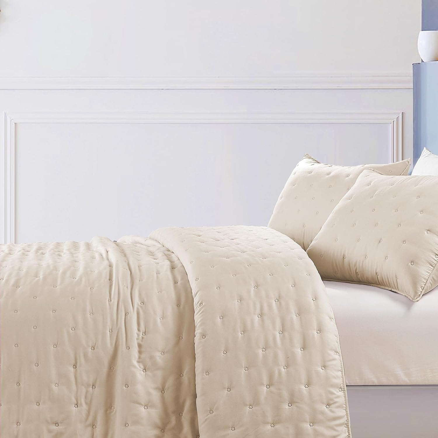 Juego de edredones reversibles tamaño Queen, edredón beige de 3 piezas con fundas de almohada, colcha de microfibra con patrón de puntos, colcha