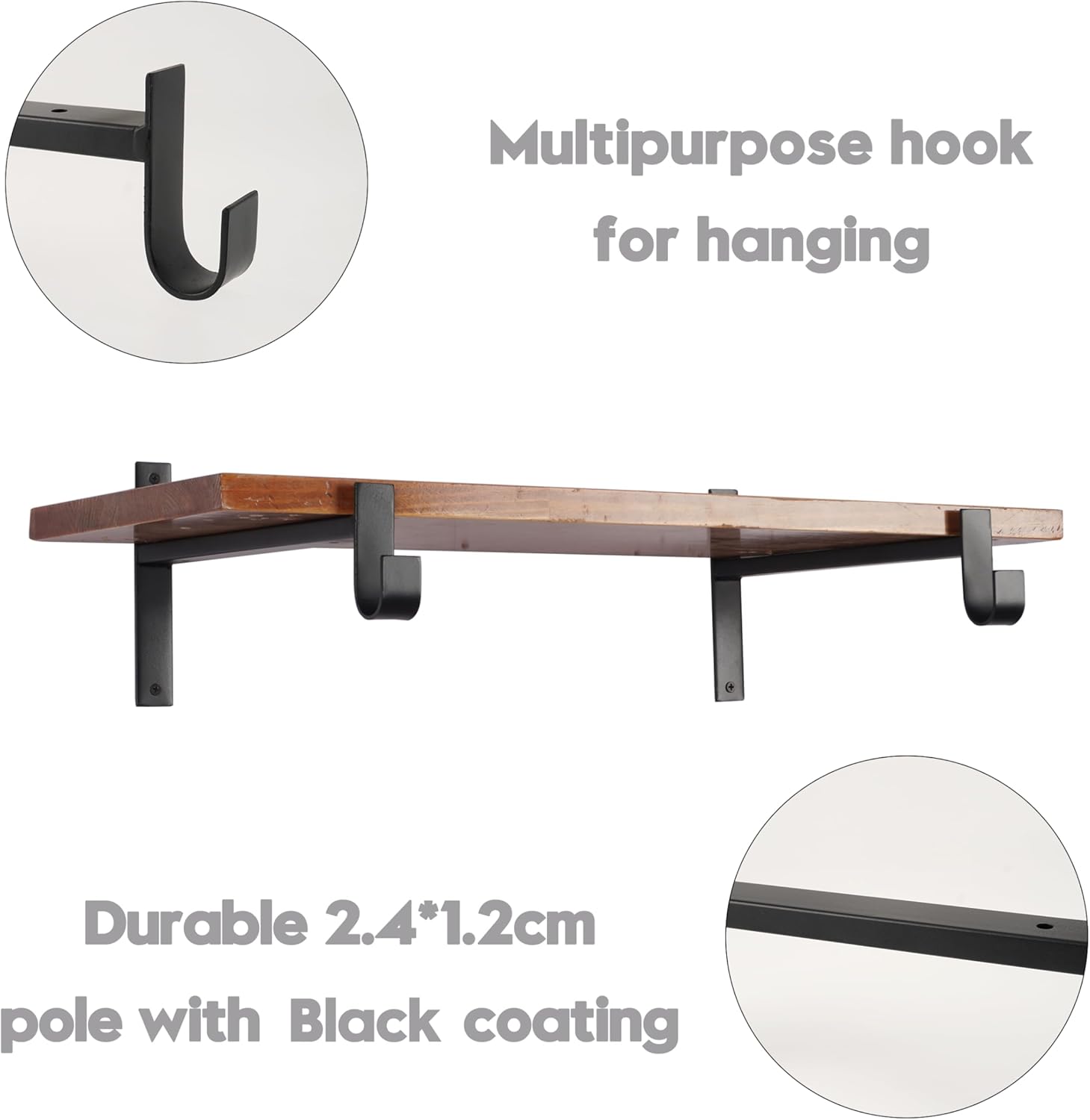 AddGrace Soportes de estante con gancho, soportes de estante negros de 6 pulgadas, 2 soportes de estante resistentes montados en la pared, soportes