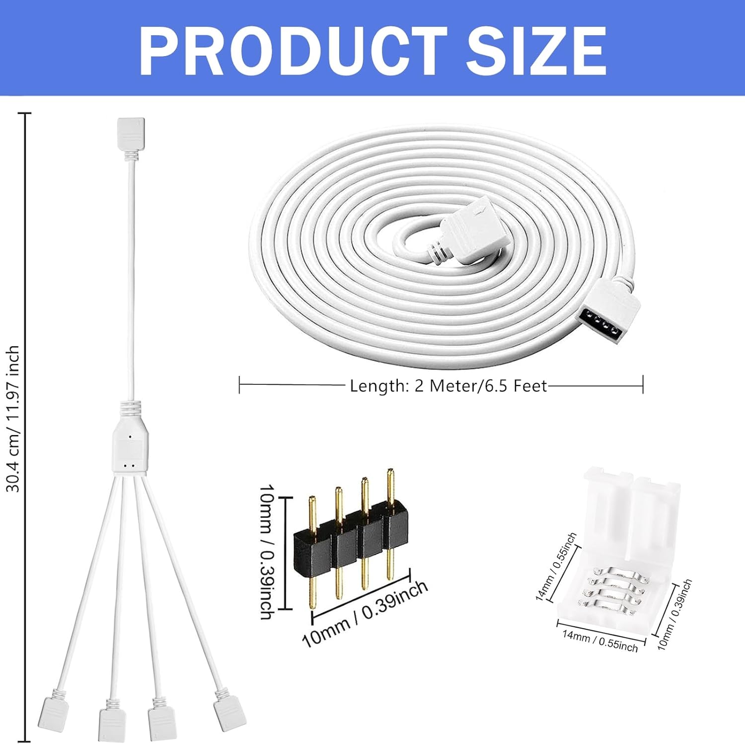KUANVE Kit de conector de tira de luz LED de 4 pines, cable de extensión RGB, cable divisor de 4 vías, conectores sin soldadura de 0.394 pulgadas y