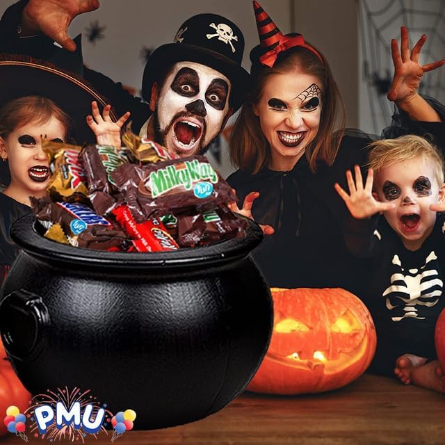 PMU Caldero de Halloween  Soporte de plástico negro para dulces de 22 pulgadas para niños, regalos y suministros de fiesta de Halloween (1paquete)