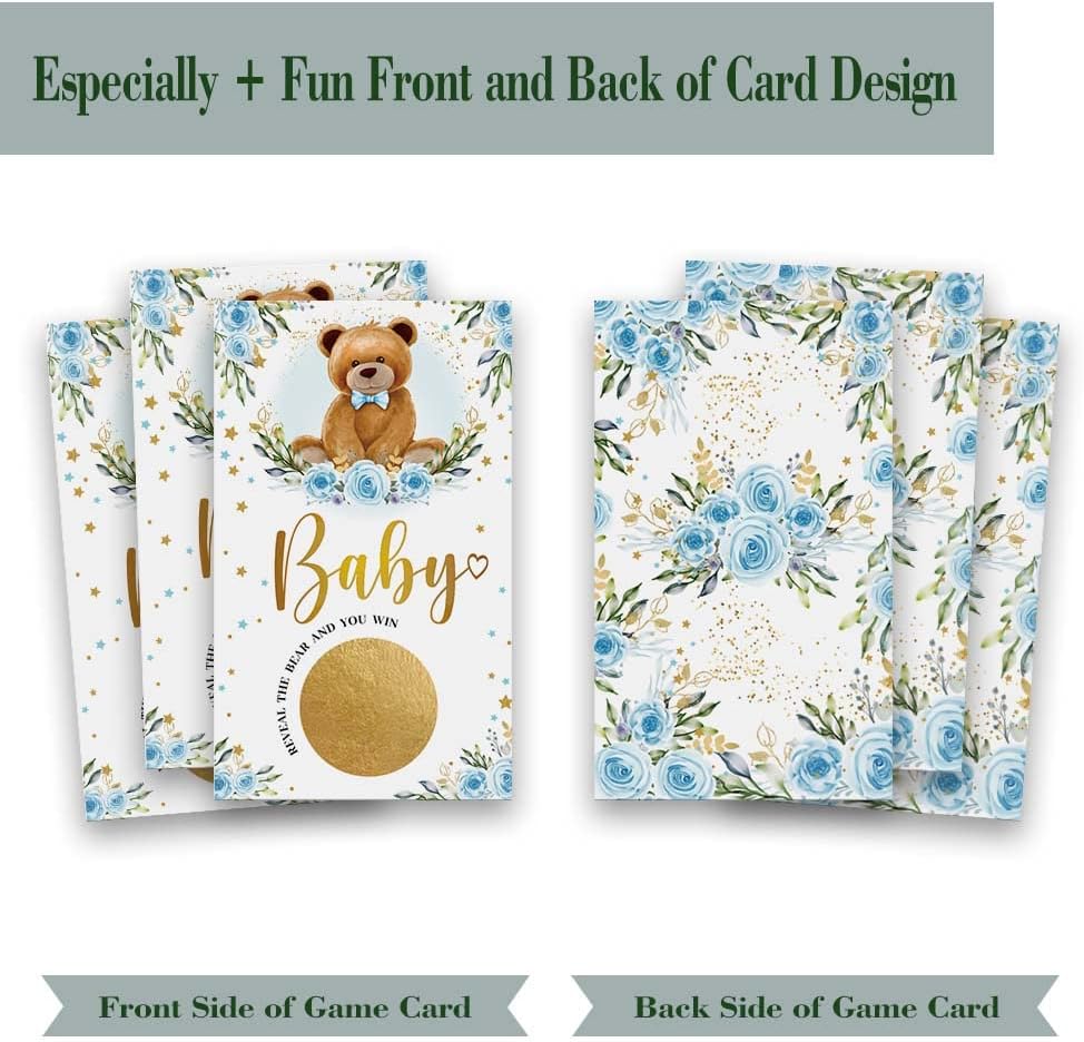 Juego de 50 Woodland Bear Scratch Off, tarjeta de dibujo de rosa de oso azul, actividades de fiesta, decoraciones y suministros, es un niño
