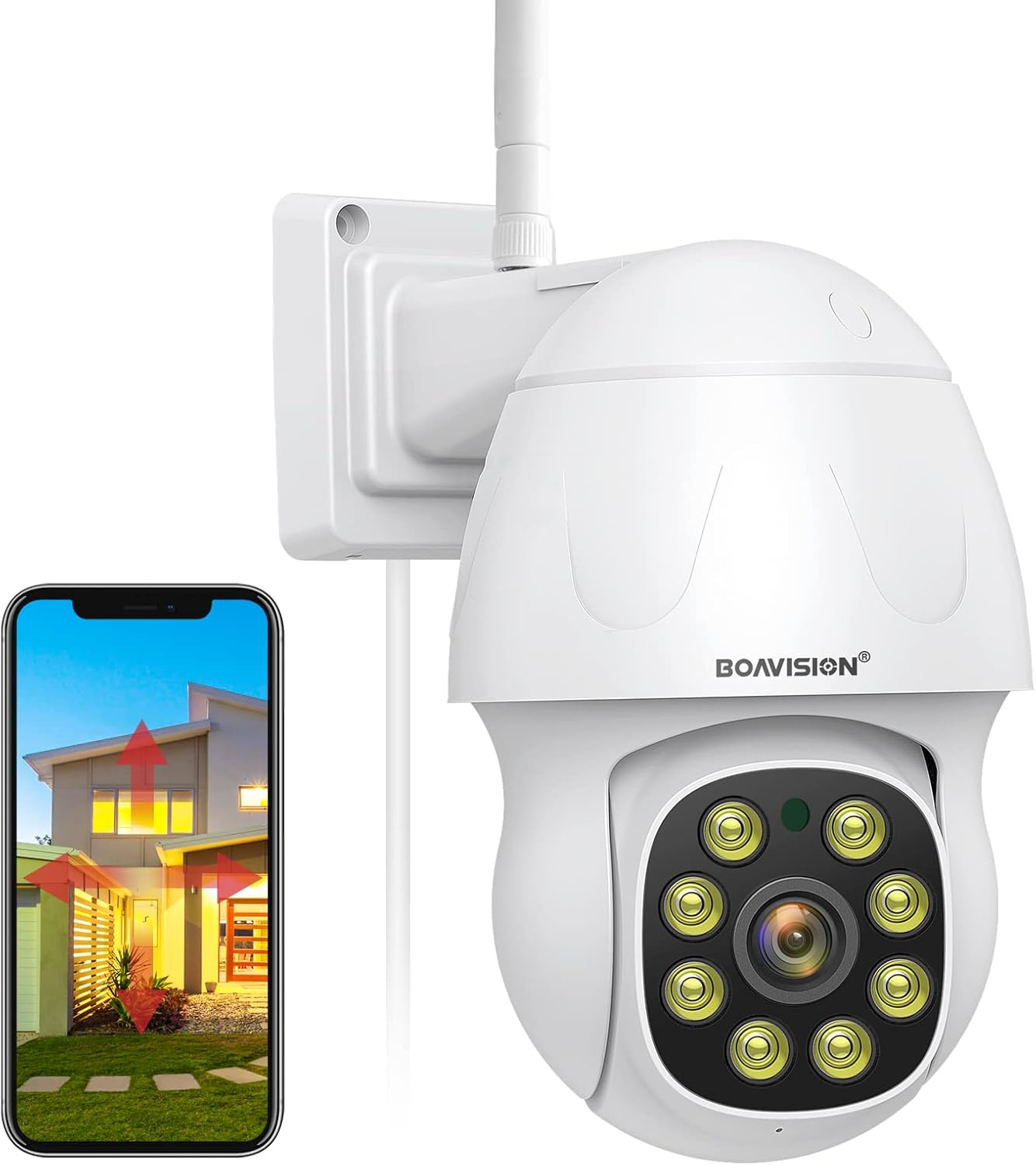 BOAVISION Cámara de seguridad de 4MP para exteriores, cámaras de videovigilancia de visión de 360, seguimiento humano, alertas de detección de