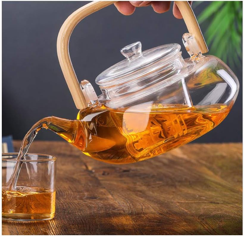 Tetera de vidrio de 27.1fl oz con infusor de vidrio, tetera con colador para té suelto, segura en estufa, tetera con mango de bambú (27.1fl oz28 oz)