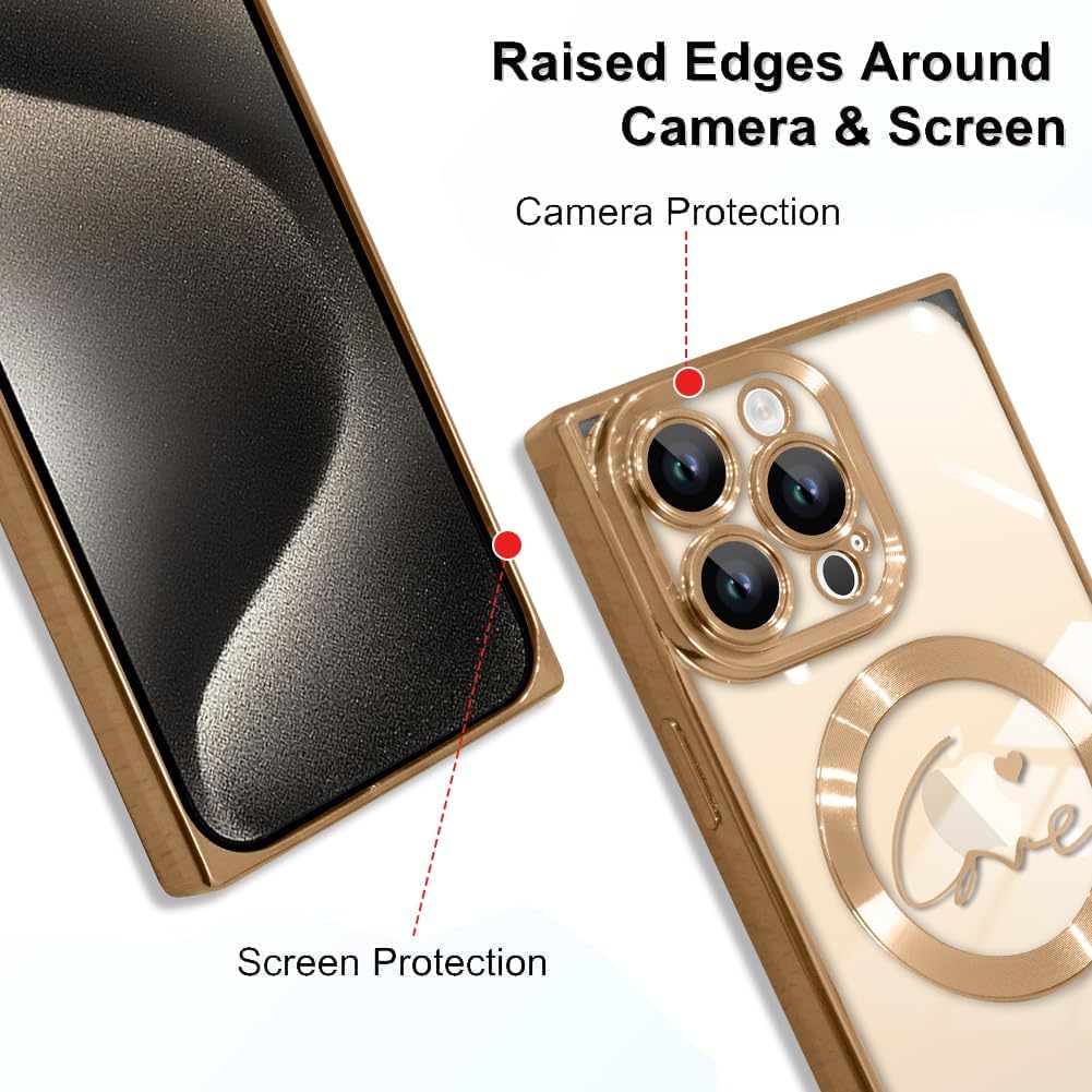 Funda magnética transparente para iPhone 15 Pro Max cuadrada (compatible con MagSafe) con patrón de corazón de amor para mujeres y hombres, borde de
