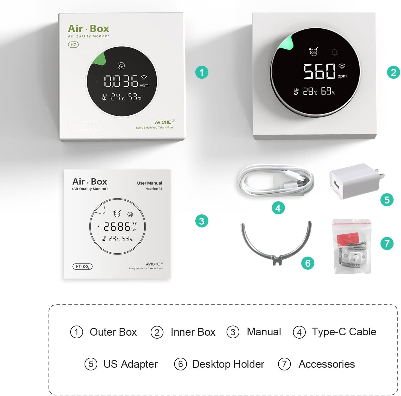 Detector de CO2, monitor de calidad del aire interior, conexión WiFi, batería recargable, medidor de CO2 3 en 1, sensor de CO2 NDIR con temperatura
