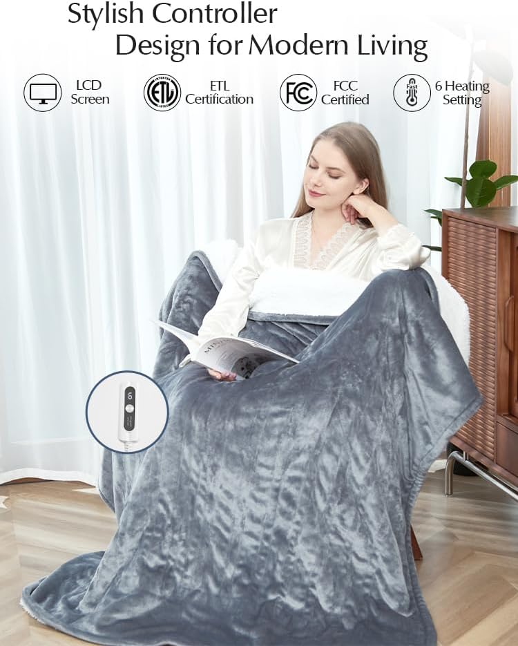 Manta térmica, manta térmica suave y acogedora para cama, sistema de seguridad automático, 6 niveles de calefacción y regalo de apagado automático