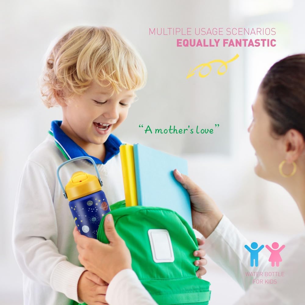 Botella de agua aislada de acero inoxidable de 12 onzas para niños, tapa abatible de silicona de grado alimenticio, asa de transporte, base
