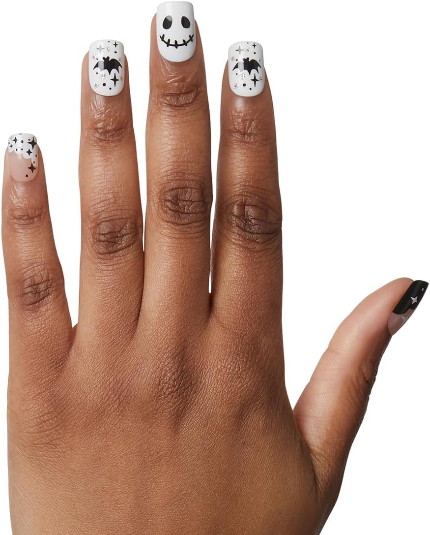 KISS Voguish Fantasy – Uñas de Halloween, color blanco y negro, longitud corta, forma cuadrada, pegamento de uñas de gel rosa (0.07 oz), lima de