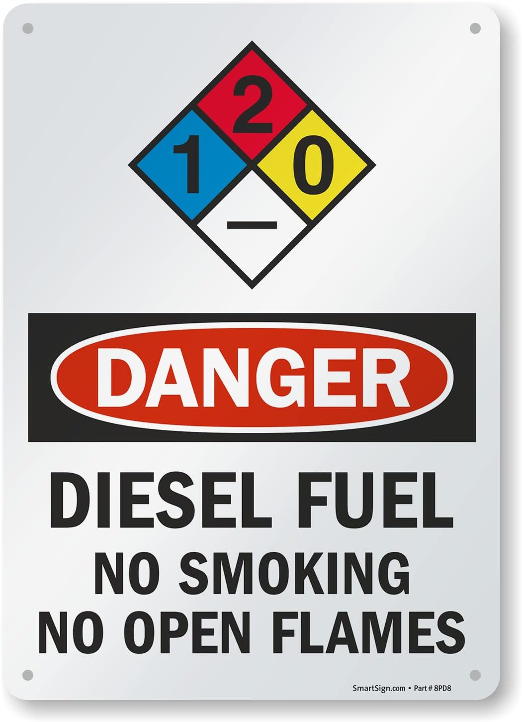 Señales de seguridad SmartSign. Mensajes “Danger Diesel Fuel No Smoking No Open Flames”, letras negras o rojas sobre fondo blanco., 1