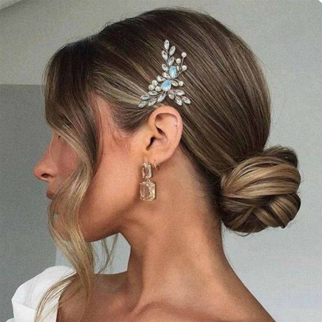 Casdre Peine de cristal para el cabello de novia, ópalo plateado, diamantes de imitación, peine lateral de boda, pieza de pelo con perlas,