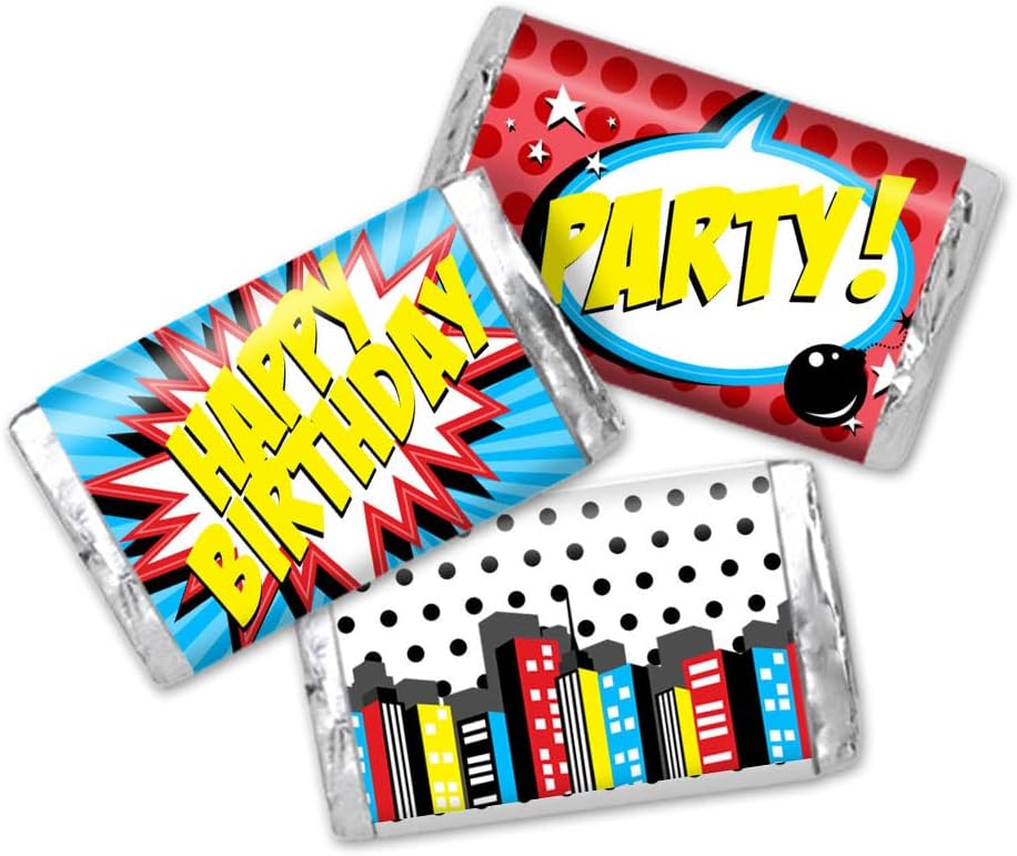 AmandaCreation – Mini envoltorios de calcomanías de chocolate para niños, 45 etiquetas envolventes envolventes de 1.4 x 2.6 pulgadas de Super Hero,