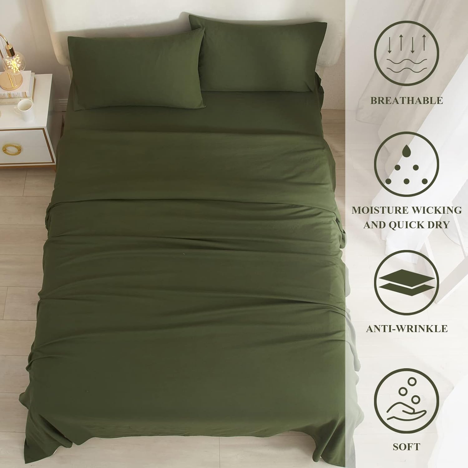 Juego de sábanas tamaño California King, color verde militar, sábanas refrescantes de 4 piezas para cama tamaño California King, sábanas y fundas de