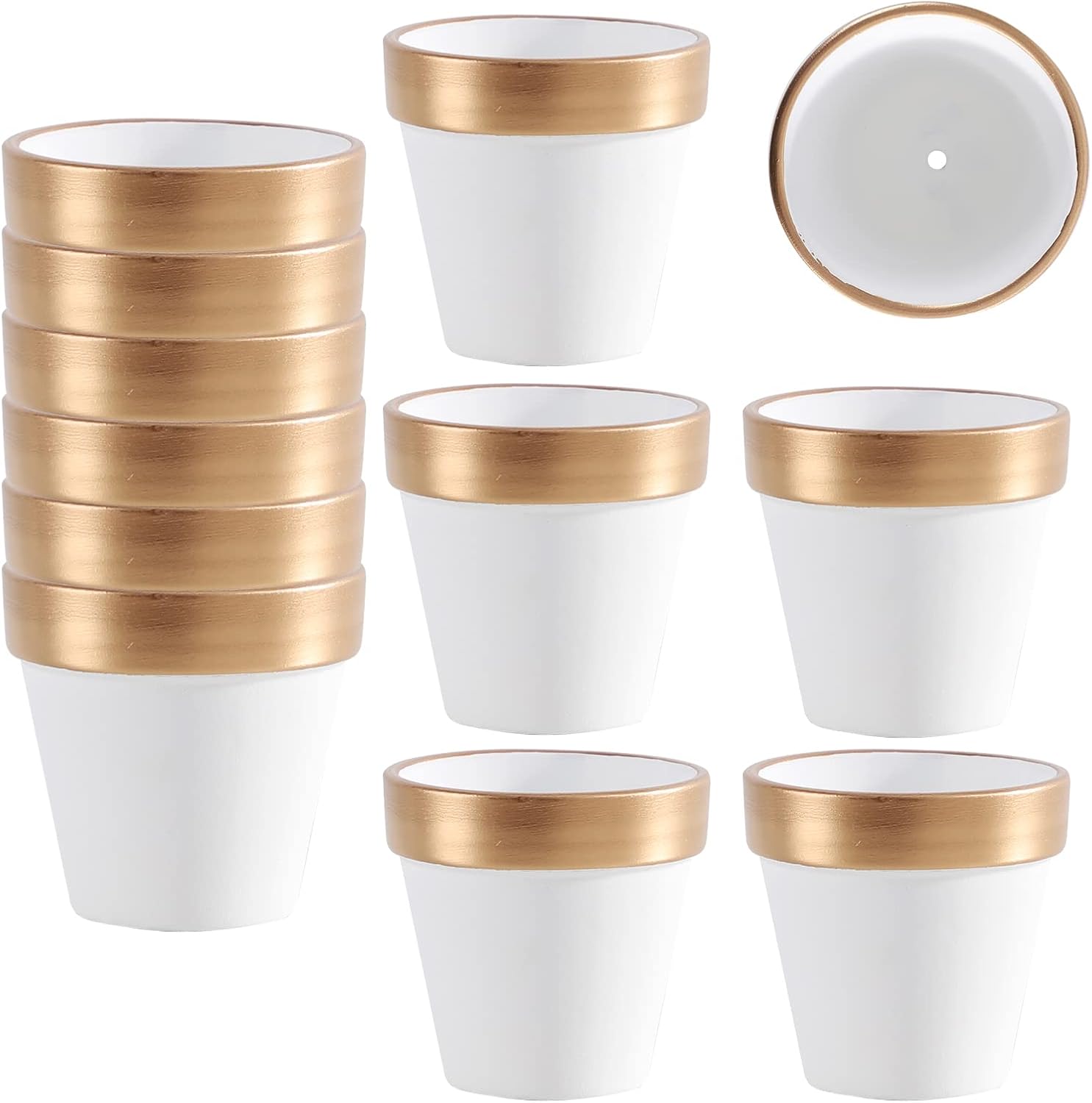 12 macetas pequeñas de arcilla de oro blanco con agujeros de drenaje, maceta de cerámica de terracota de 2.5 pulgadas, maceta de cerámica de