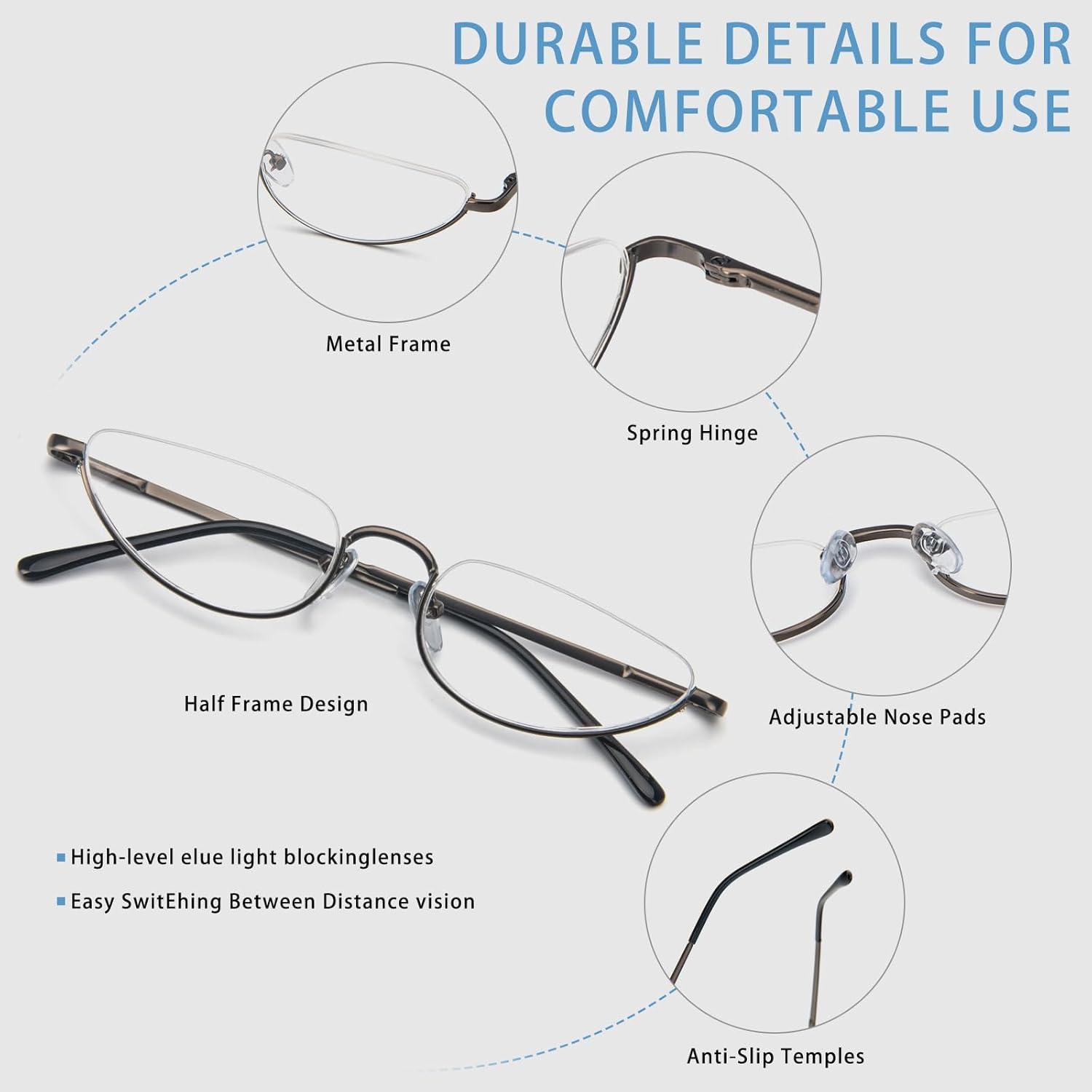KoKoBin Lentes de lectura de media luna para hombres y mujeres, lentes de montura metálica con bisagra de resorte
