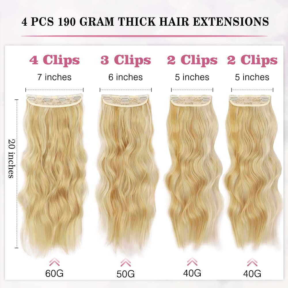 AISI BEAUTY Extensiones de cabello con pinzas, 4 piezas de 20 pulgadas, largo, ondulado, sintético, grueso, extensiones de cabello natural para