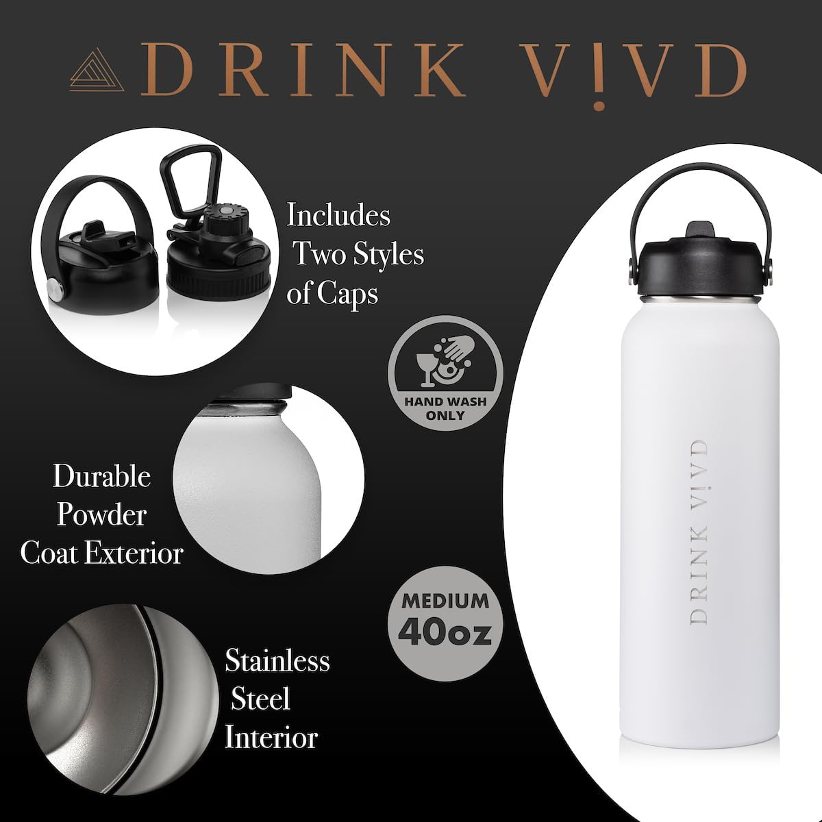 Botella de agua deportiva de acero inoxidable – 40 onzas, 2 tapas (tapa con pajilla), botella de agua aislada al vacío con 2 tapas (tapa con