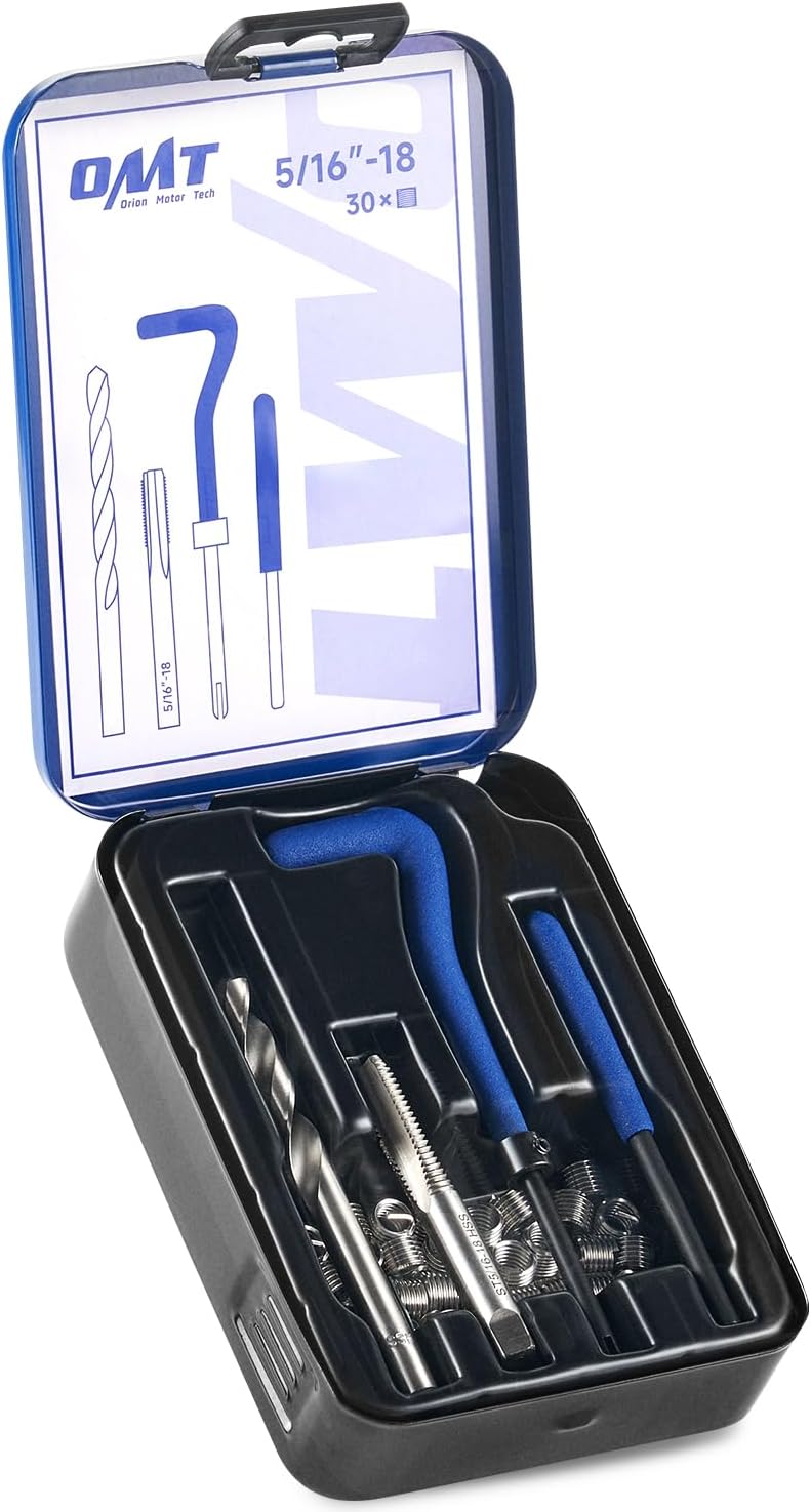 Orion Motor Tech Kit de reparación de roscas helicoidales, juego de herramientas de reparación de roscas de 516″-18 con broca HSS e insertos de 30
