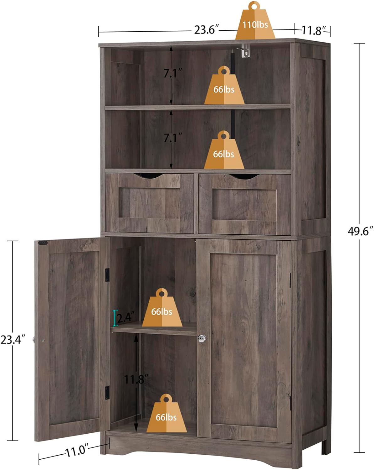 Iwell Armario de almacenamiento alto con 2 cajones y estantes ajustables, armario de baño con puertas, armario, armario de piso para sala de estar,