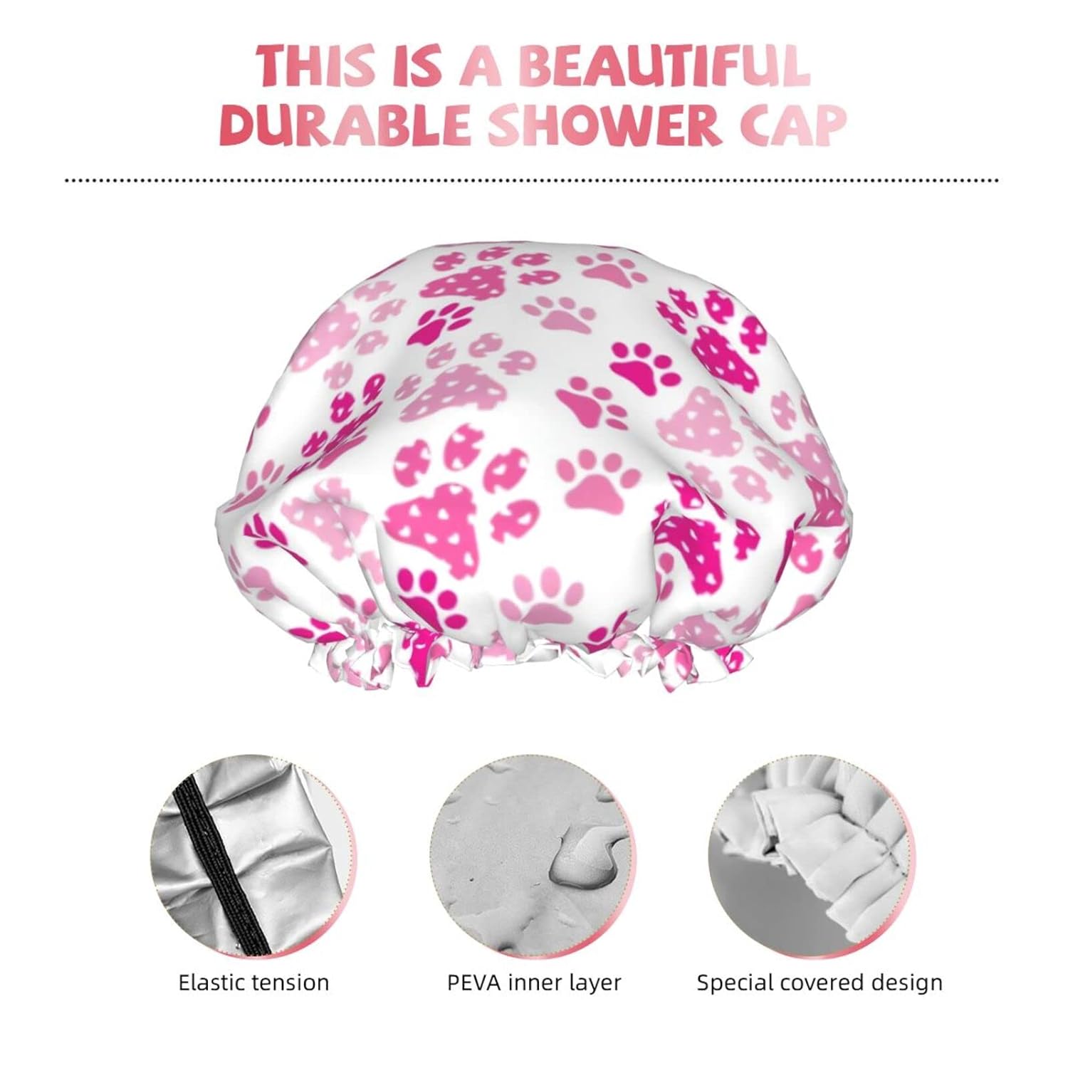 Gorro de ducha con estampado de pata de perro, color rosa, ajustable, doble capa impermeable, sombrero de ducha para baño, protección para el