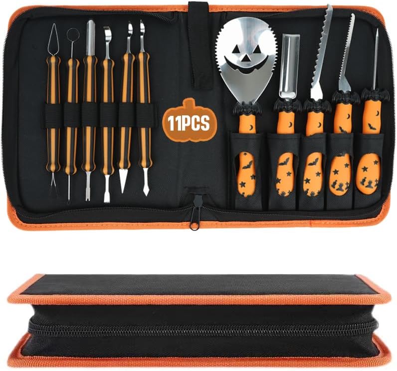 NDLBS Herramientas para tallar calabazas de Halloween, 11 piezas, juego profesional de tallado de calabaza con bolsa de almacenamiento, kit de