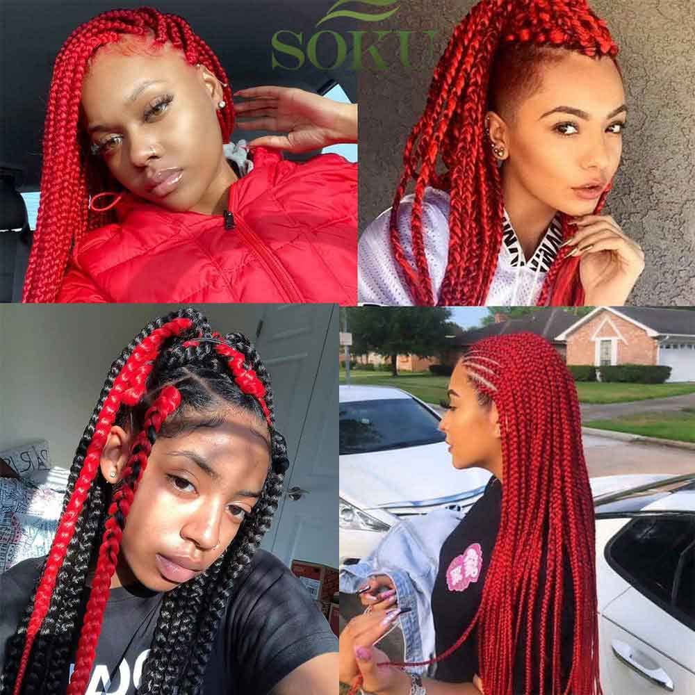 SOKU Cabello trenzado rojo preestirado de 24 pulgadas de largo, cabello trenzado rojo, 4 paquetes de fibra sintética de ganchillo trenzadas, textura