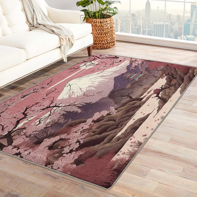 Alfombras lavables para sala de estar, dormitorio, alfombra japonesa y decoración del hogar, flor de cerezo y monte Fuji, alfombra de área de 6 x 9