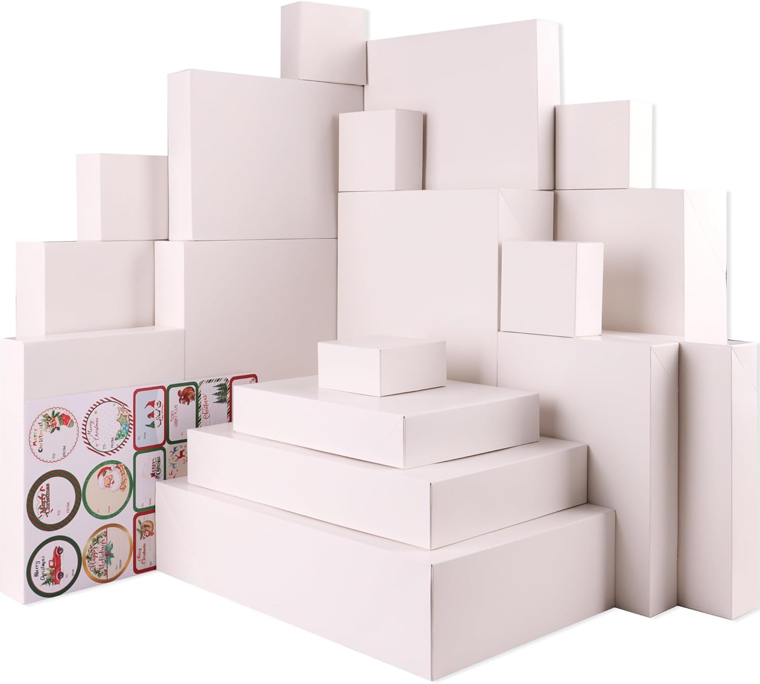 Giiffu Paquete de 18 cajas de regalo blancas a granel para regalos, cajas de regalo de papel con tapas, 4 tamaños con 18 etiquetas de Navidad, para