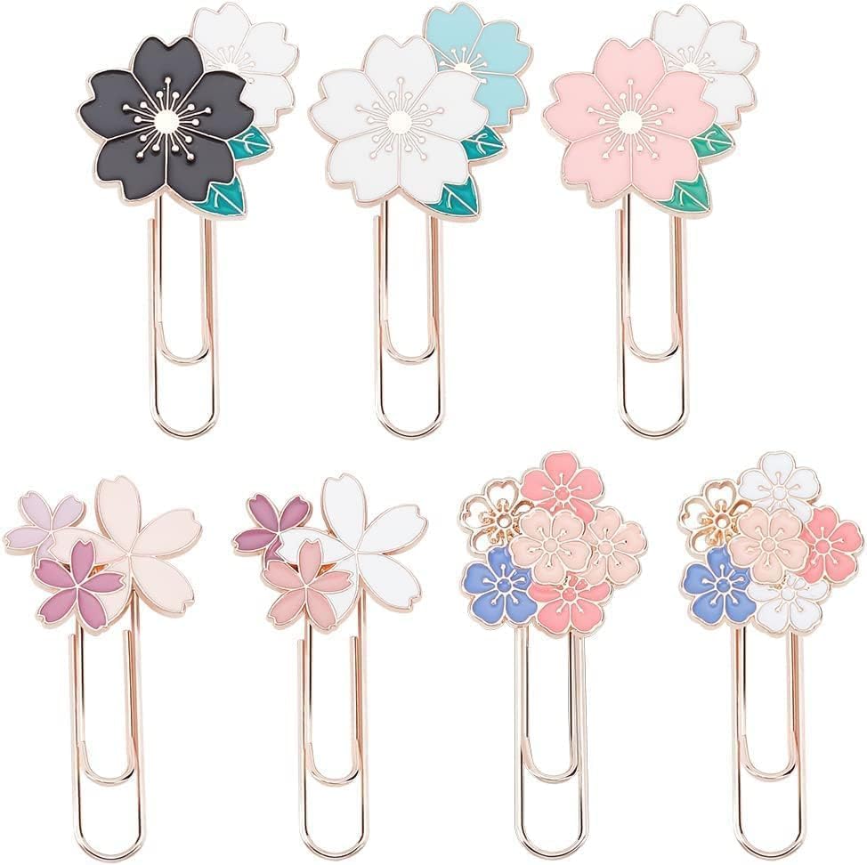 7 clips de papel de cerezo con diseño de flores, bonitos y coloridos girasoles, margaritas y Sakura, accesorios para suministros de oficina,