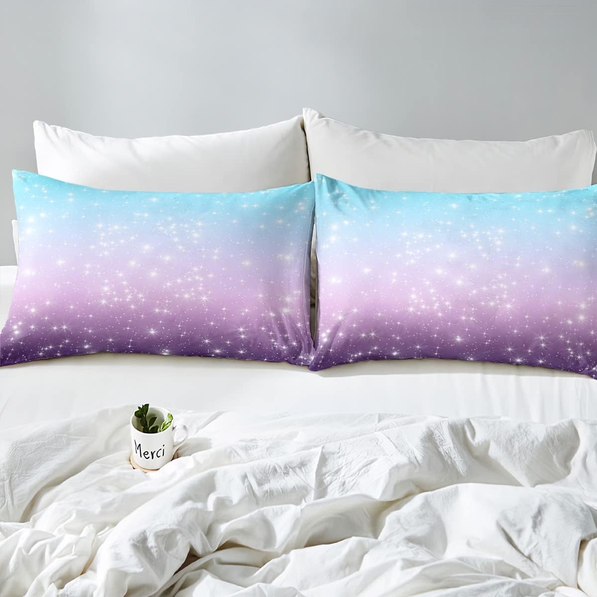 Erosebridal Juego de edredón con purpurina de estrellas espaciales para niños, juego de ropa de cama degradada, azul y morado, tamaño matrimonial,
