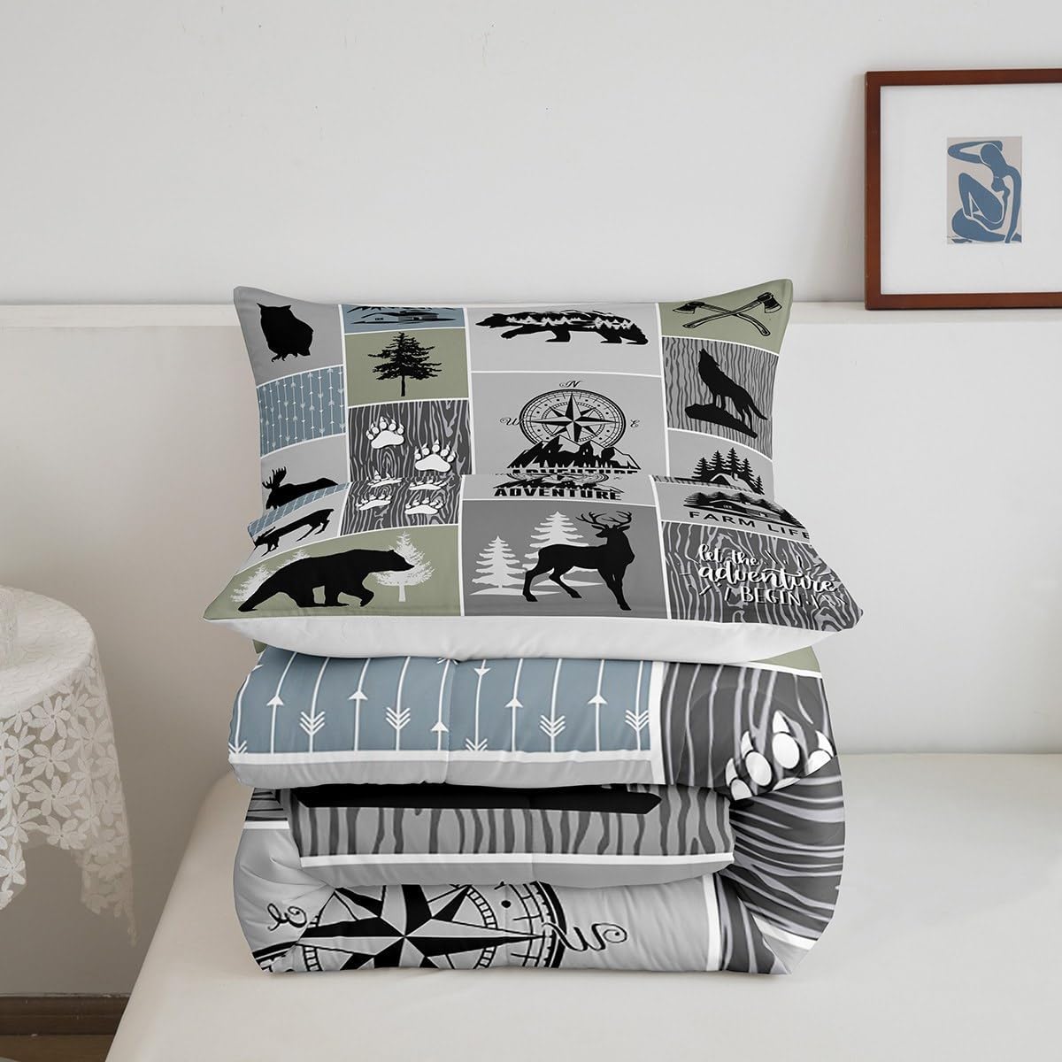 Juego de edredón rústico de cabaña para niños, tamaño individual, juego de ropa de cama de caza de ciervos y oso para decoración de habitación de