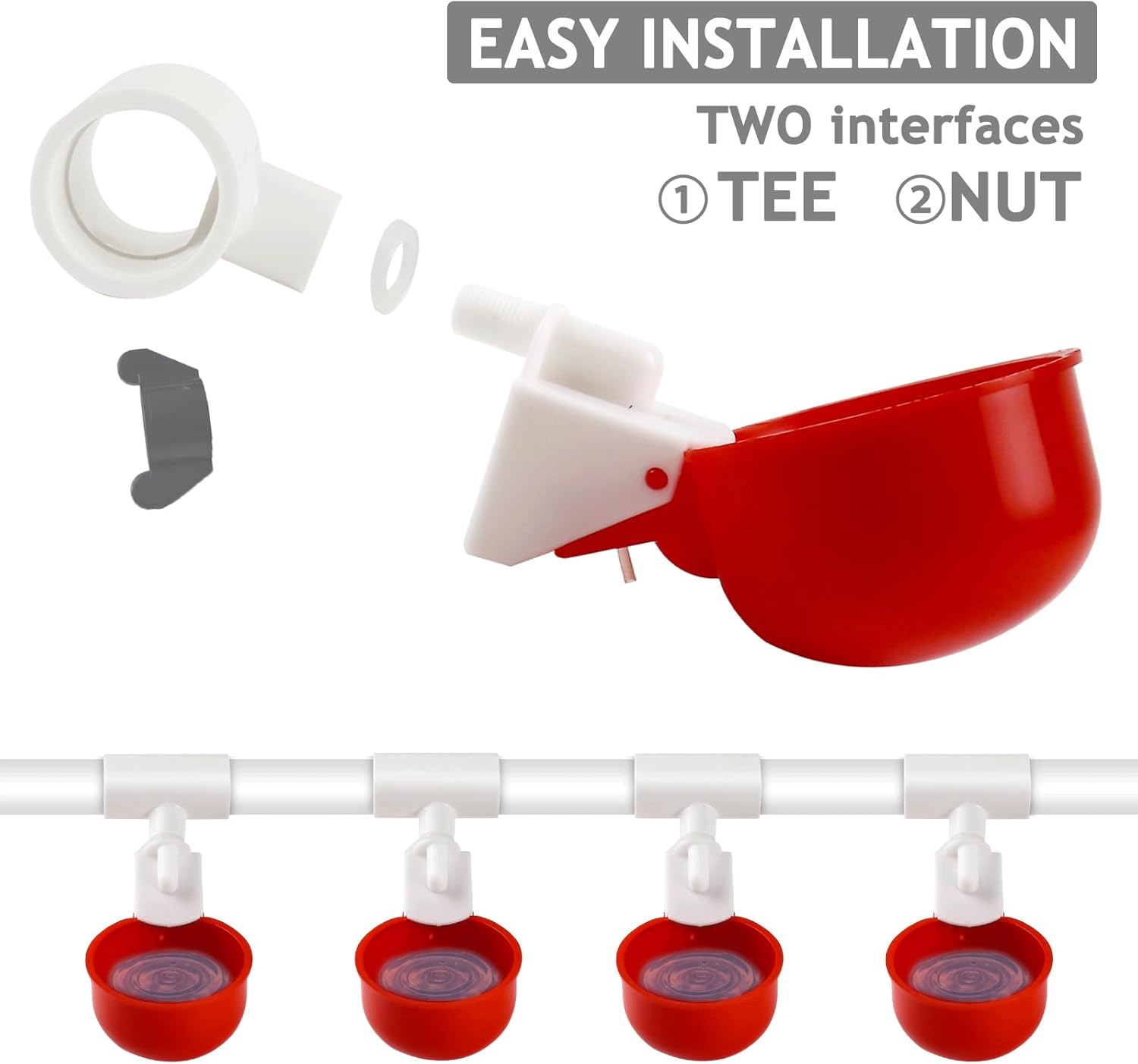 Vasos para bebederos de pollo, 4 paquetes  Tazas de riego para aves de corral con accesorios en T de 12 pulgada, tuerca, cinta de teflón  Sensor de