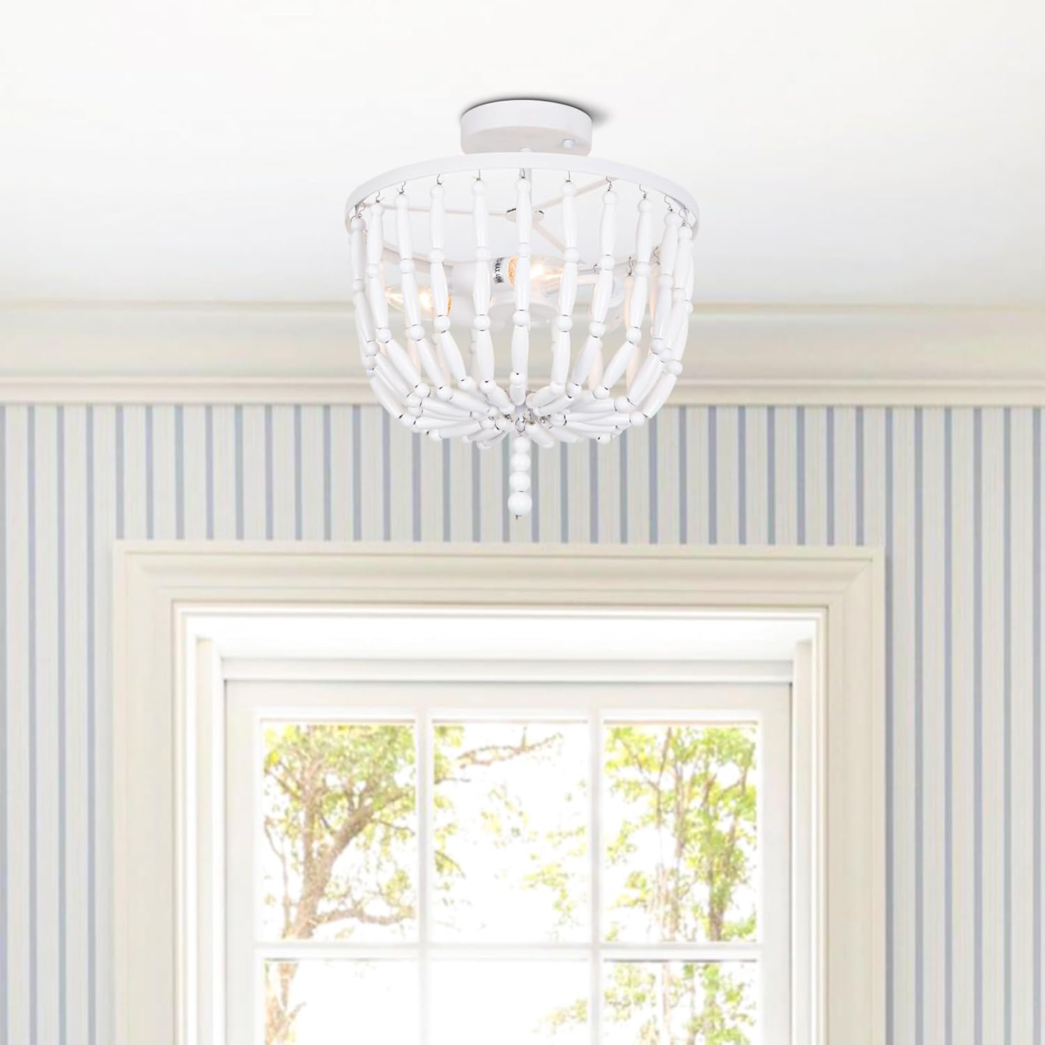 Lámpara de techo con cuentas de madera, estilo bohemio, 3 luces, semiempotrada, lámpara de techo blanca para sala de estar, dormitorio, guardería,