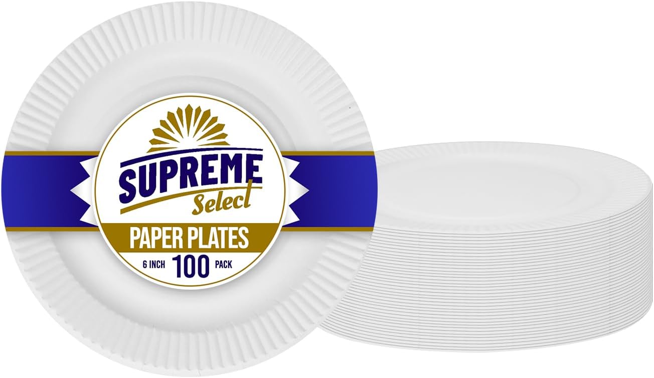 Platos de papel desechables a granel Juego de 100  6 pulgadas Plato grande blanco sin recubrimiento, ideal para fiestas de cumpleaños, bodas, Acción