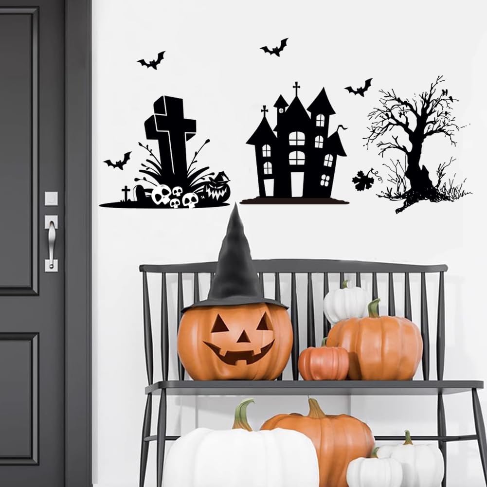 Calcomanías de pared de Halloween de vinilo, calcomanías de pared de Halloween, adhesivos de pared extraíbles de Halloween, murciélagos de bruja,