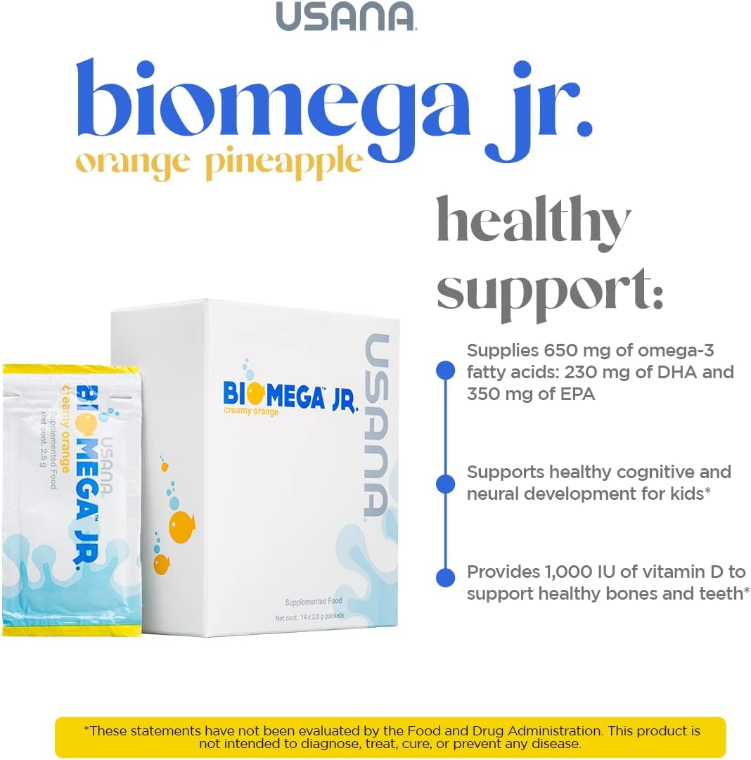 USANA BiOmega Jr. Suplemento de aceite de pescado con ácidos grasos Omega 3 para niños de 4 años o más – 14 paquetes