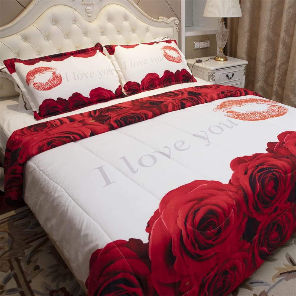 Juego de edredón 3D Queen  Juego de edredón con estampado de rosas rojas y blancas tamaño Queen, juego de ropa de cama con 2 fundas de almohada para