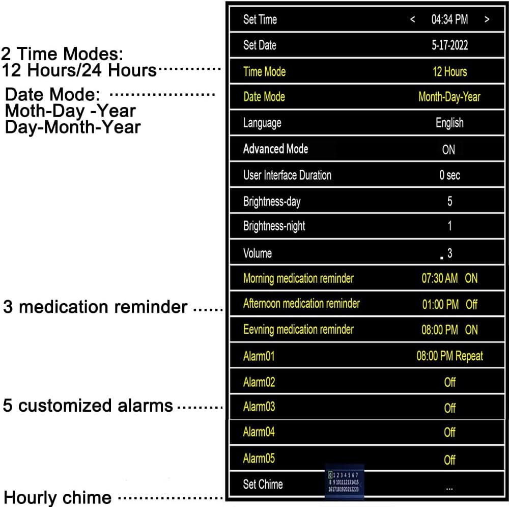 Actualizado de 10 pulgadas Reloj digital con calendario de día con atenuación automática y 8 opciones de alarma, fecha extragrande, hora, sin