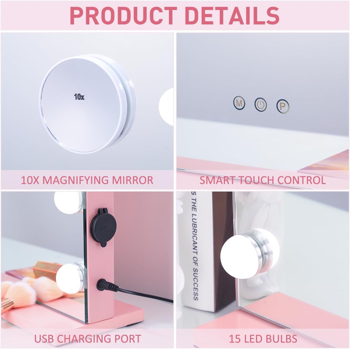 iCREAT Espejo de tocador rosa con luces, espejo de maquillaje Hollywood con 15 bombillas LED regulables para dormitorio, espejo iluminado con 3