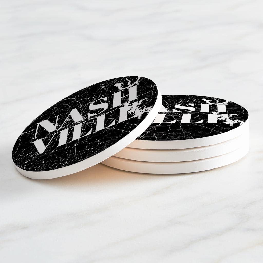 Minimalista B&W Tennessee Nashville Map, Joyride Home Decor, 4 posavasos de cerámica, posavasos circulares de 4 pulgadas, juego de 4, parte trasera