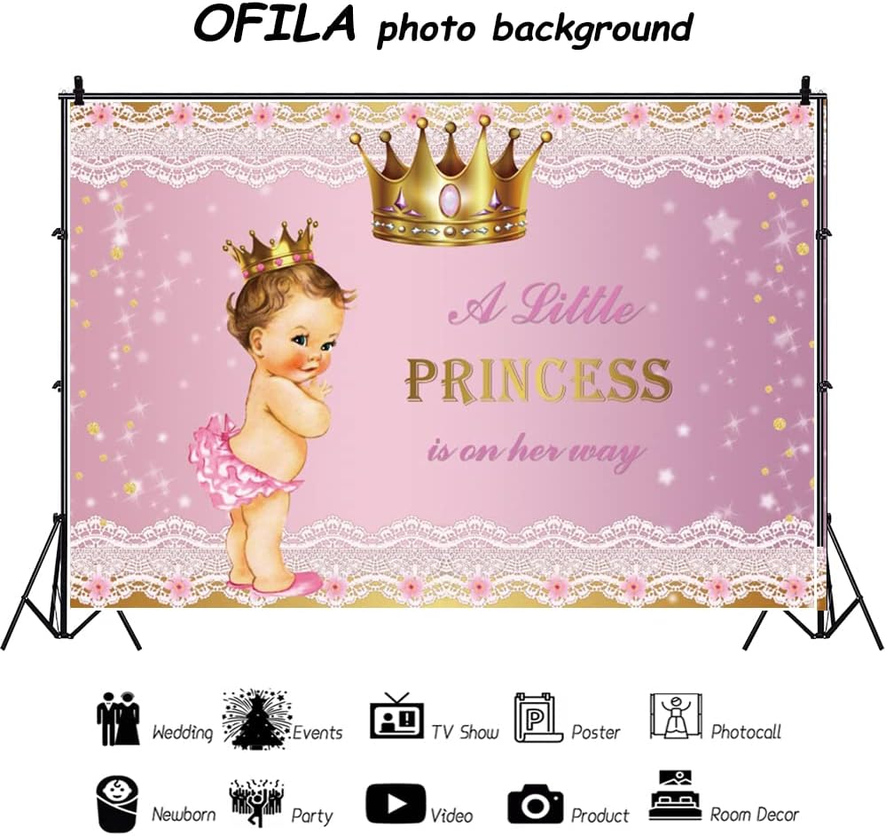 Telón de fondo de princesa para baby shower para niña, 8 x 6 pies, corona dorada, encaje rosa, fondo de fotografía con texto en inglés “A Little