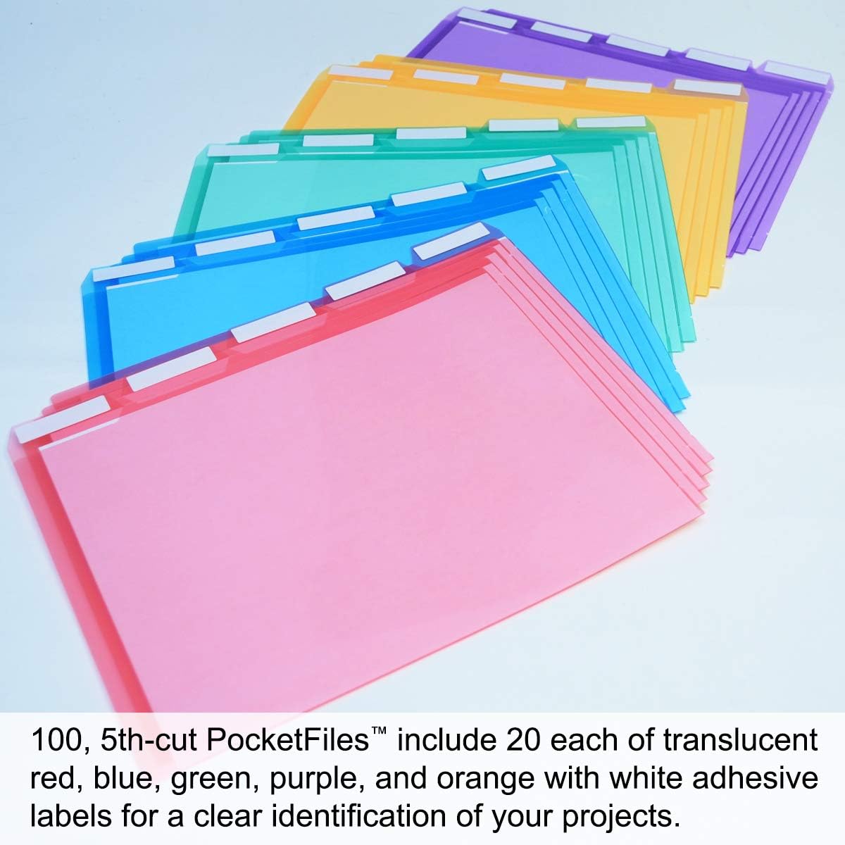 Ultimate Office PocketFile – Carpeta de documentos de polietileno transparente, 5to corte, tamaño carta, en 5 colores surtidos, juego de 100