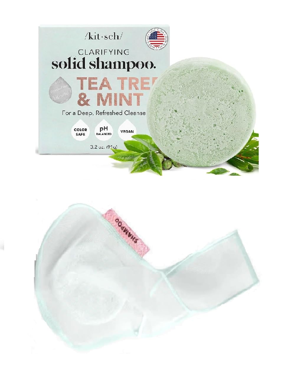Kitsch Barra de champú de árbol de té y menta y botella gratis bolsa de jabón de belleza con descuento