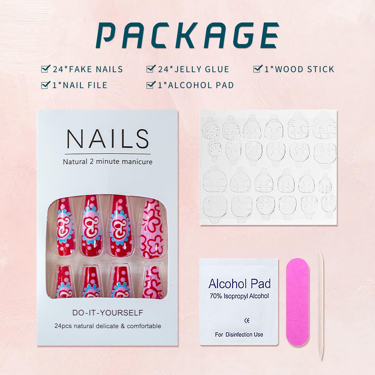 Uñas postizas extralargas a presión con forma de ataúd rosa con corazón y flores, patrón de letras impresas, uñas de barbie, uñas acrílicas