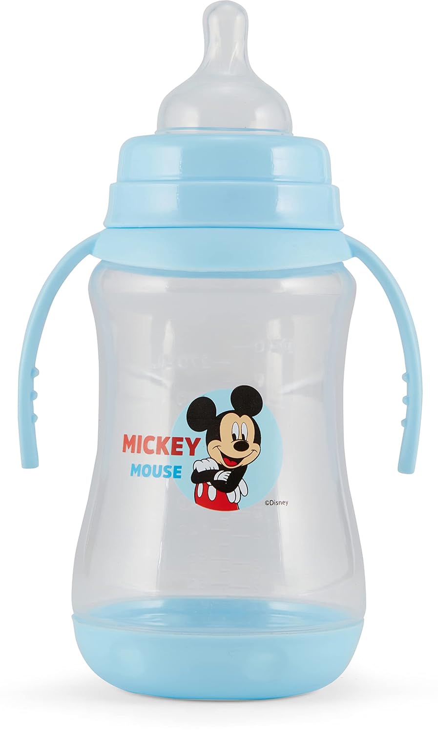 Disney Paquete de 2 biberones de 10 onzas con estampados de personajes y fundas de colores con doble asa, sin BPA y fácil de limpiar