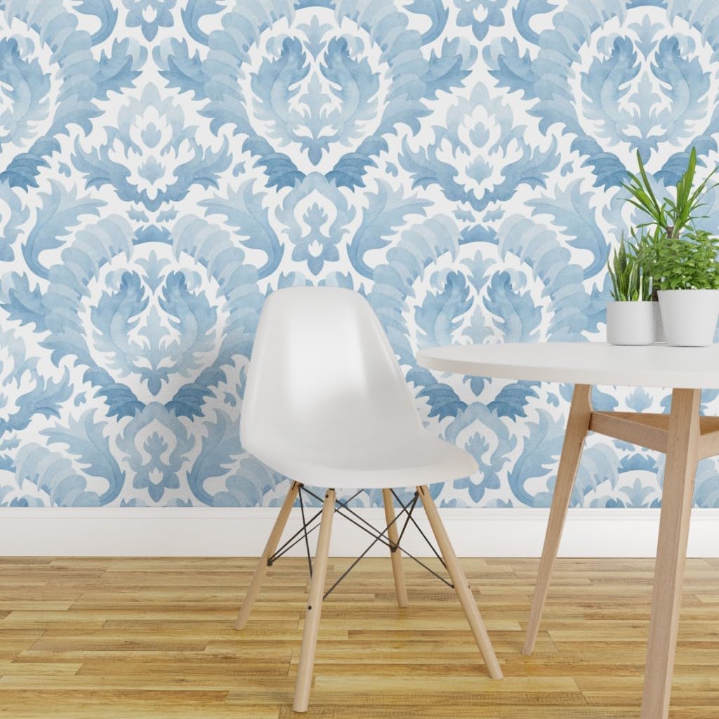 Spoonflower Muestro de papel tapiz extraíble – Acuarela Damasco Botánico Floral Azul Claro Monocromo Clásico Barroco Hoja de Acanto Papel pintado