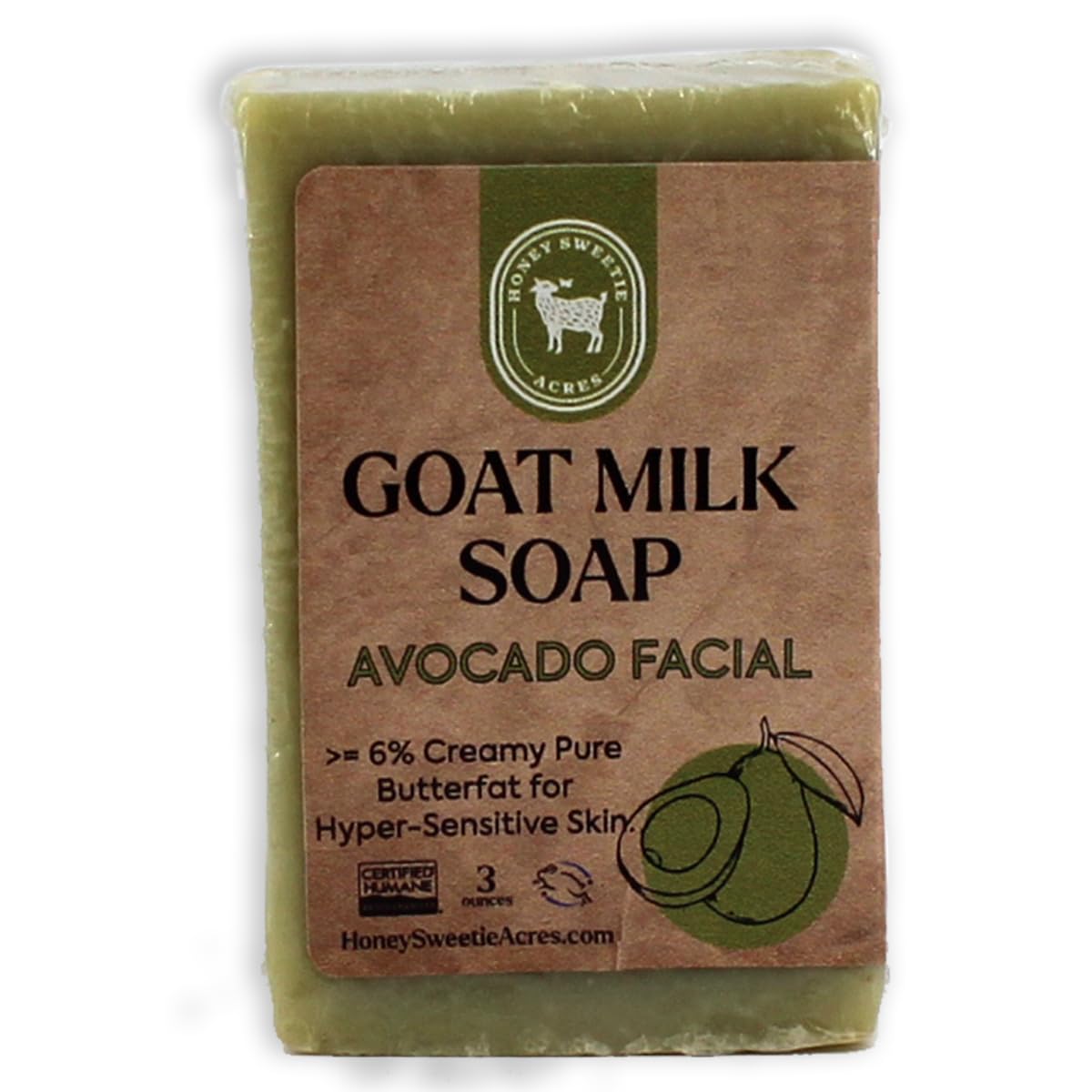 Honey Sweetie Acres Barra de limpieza facial de leche de aguacate y cabra  Jabón hidratante orgánico de 3 onzas  totalmente natural, hecho a mano,