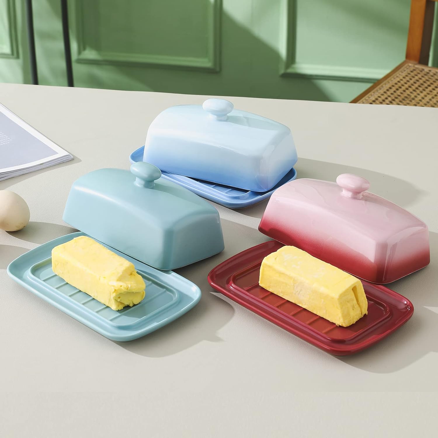 Candiicap – Mantequillera grande de porcelana con tapa, plato de mantequilla clásico que cambia de color para encimera, soporte grande para